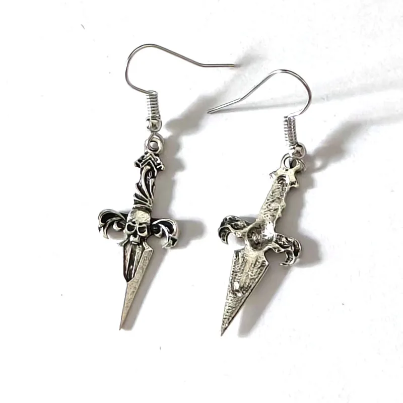 1pair Antique Silver Color Cute Vintage Skull Knife Earring for Women