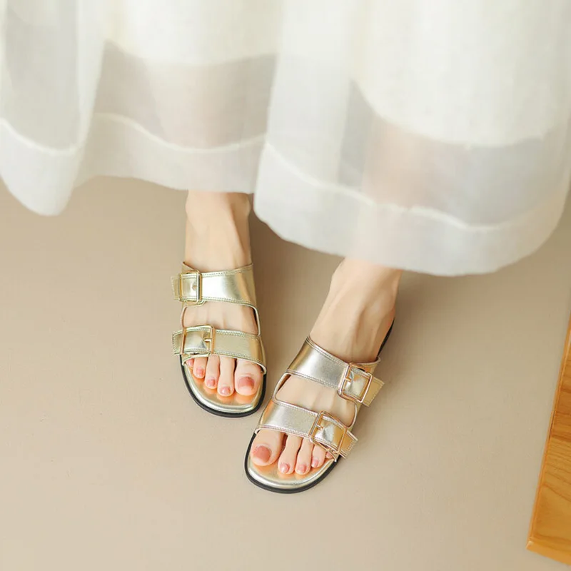 

Phoentin summer casual open Toe handmade Slippers Women retro buckle Mules Shoes lady Low Heels sandals gold silver black FT3284