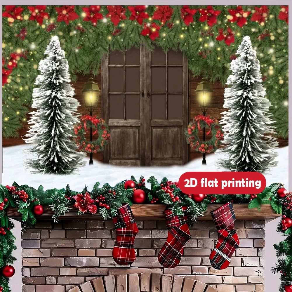 1pc Christmas Backdrop Banner: Festive Wooden Door, Wooden Door, Trees, Wreaths, Snow, Outdoor Xmas Decor, Photo Props