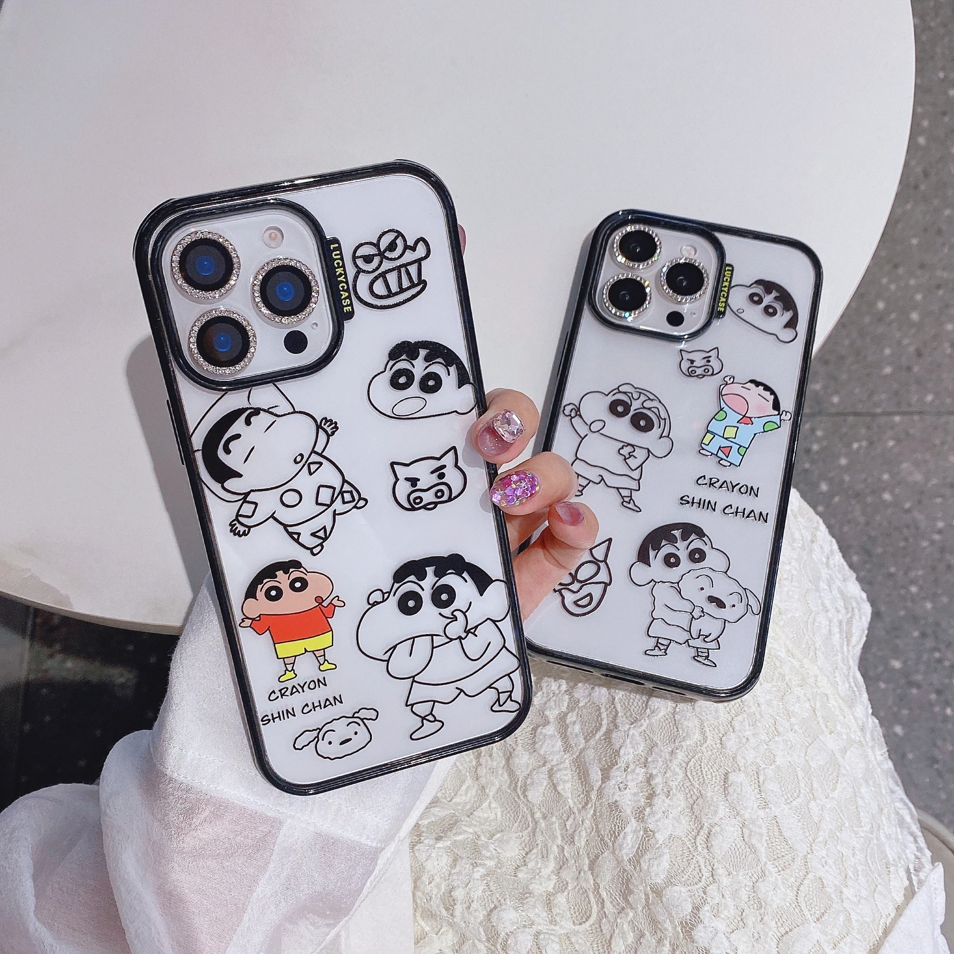 

Cute Anime cartoon Black sketch line Crayon Shin-chan Clear Anti-Fall Phone Case For iPhone 13 14 15 16 Pro Max shockproof Cover