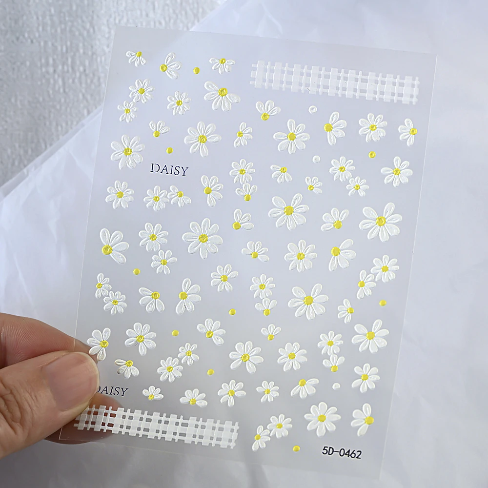 2pcs 5D White Daisy Design Nail Art Stickers Embossed Daisy Floret Green Leaf Nail Art Decals DIY Spring Summer Decor Stickers