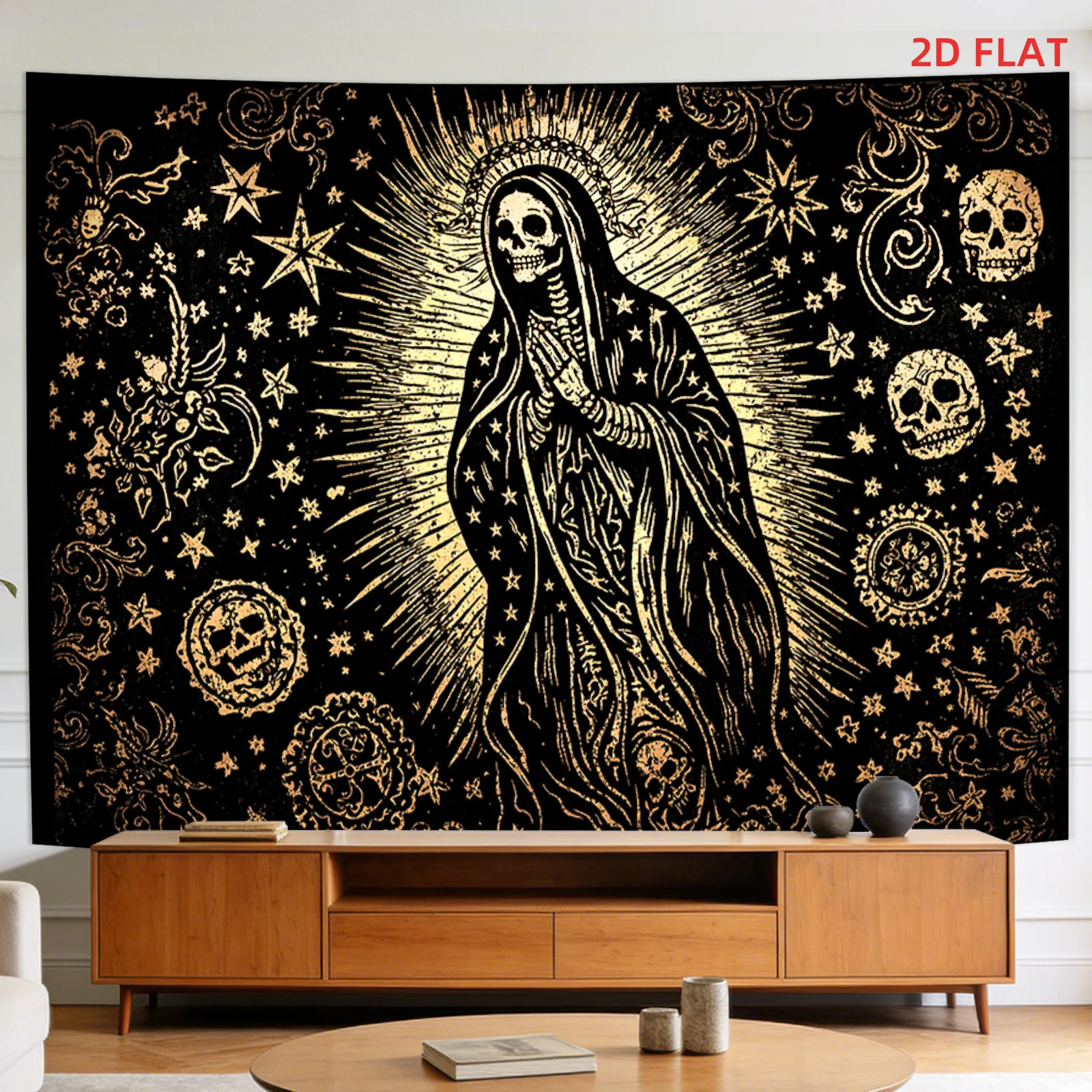 VIKAMA Tapiz de esqueleto gótico oscuro, Madonna, papel tapiz místico negro y dorado, decoración para sala de estar, estudio, decoración de habitación