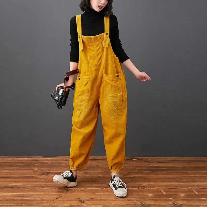 New Fashion Streetwear For Women Autumn Winter Corduroy Jumpsuits Loose Plus Size Rompers Pocket Wide Leg Overalls