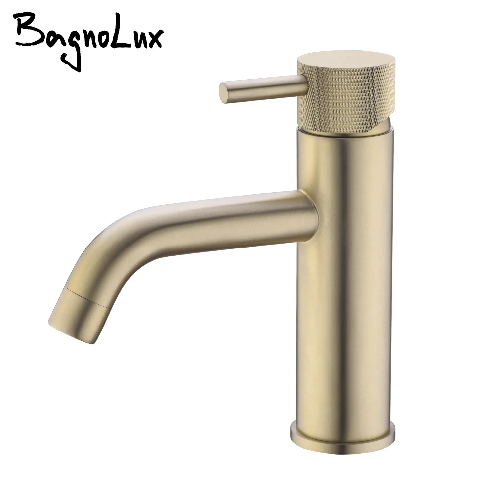 Brushed Gold Basin Faucet Deck Mounted Knurled Style Hot And Cold Water Sink Mixer Single Handle Single Hole Bathroom Tap