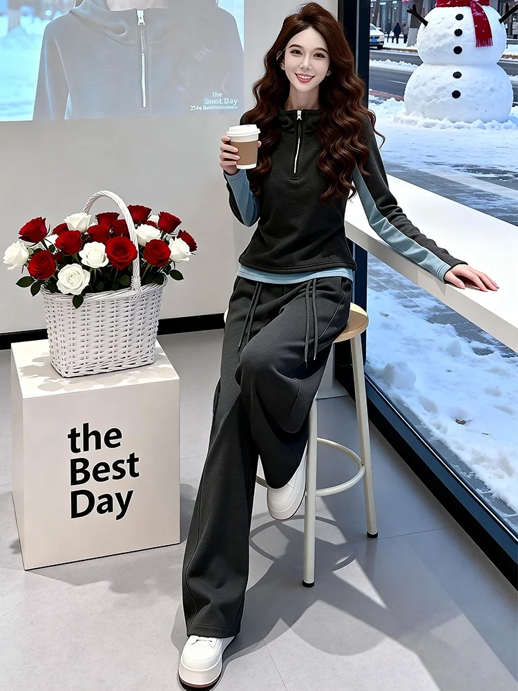 

Повседневные широкие брюки с высокой талией, серый топ с длинными рукавами, комплект для бега, женский модный комплект из двух предметов, зимний сезон