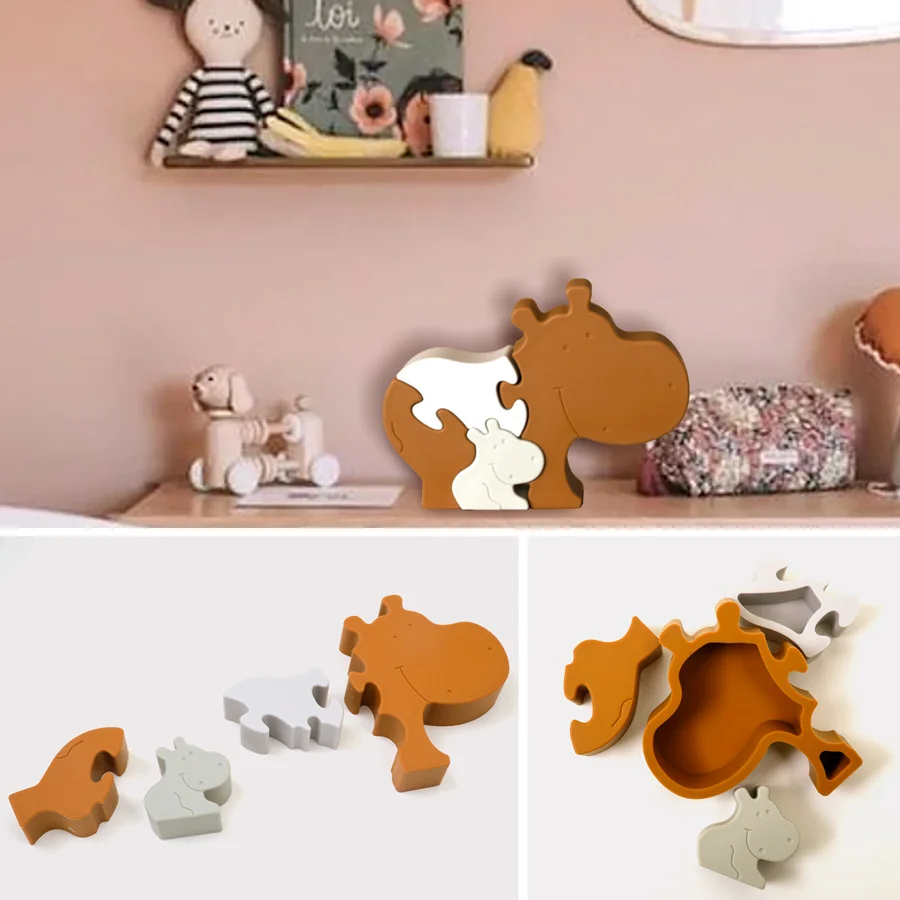 Hot Sell New Baby Silicone AnimalPuzzle Kids Silicone Geometry Matching Board Baby Sensory Educational Toys