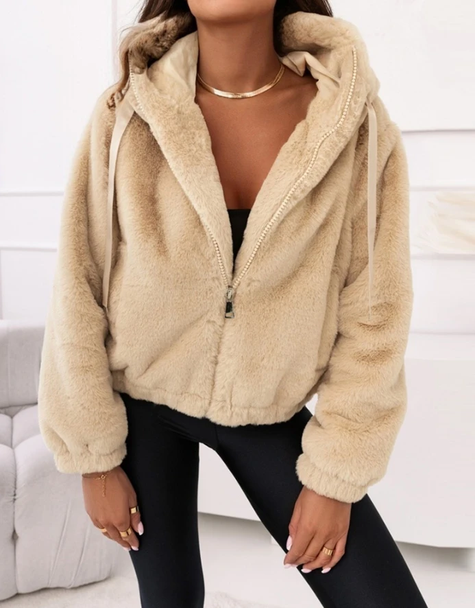 

Autumn and Winter 2024 Women Clothing Casual Hooded Zip Up Fuzzy Thermal Teddy Long Sleeve Coat