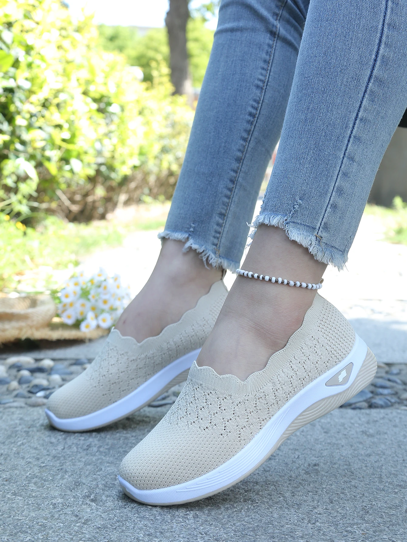 Damen-Slip-On-Freizeitsneaker aus Strick, atmungsaktive, leichte Komfort-Wanderschuhe mit Muschelbesatz, kostenloser Versand – Detail 17