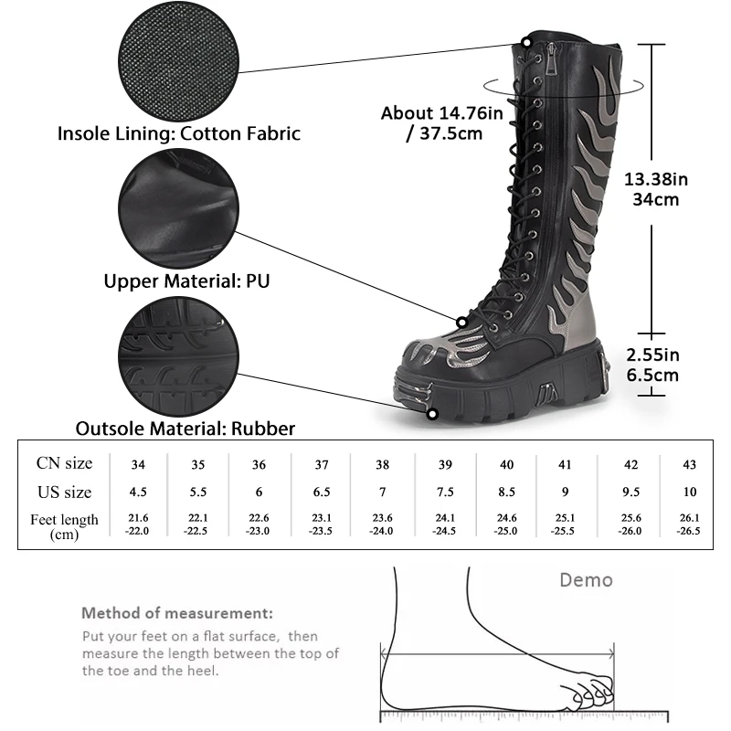 GMQM Fashion Women\'s Boots Knee High Boots Fire Platform Lace-Up Metal Decoration Wedges Heel High Heels Motorcycle Punk Shoes