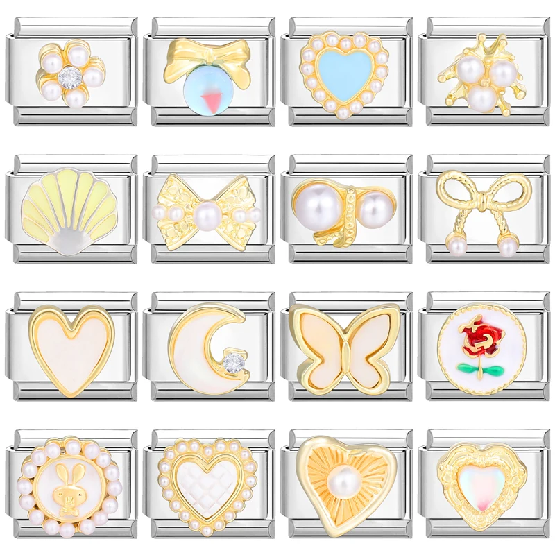 

Elegant Moon Heart Bow Stars Pearls Zircon Italian Charm Links Fit 9mm Stainless Steel Bracelet Women Jewelry DIY Making Gift