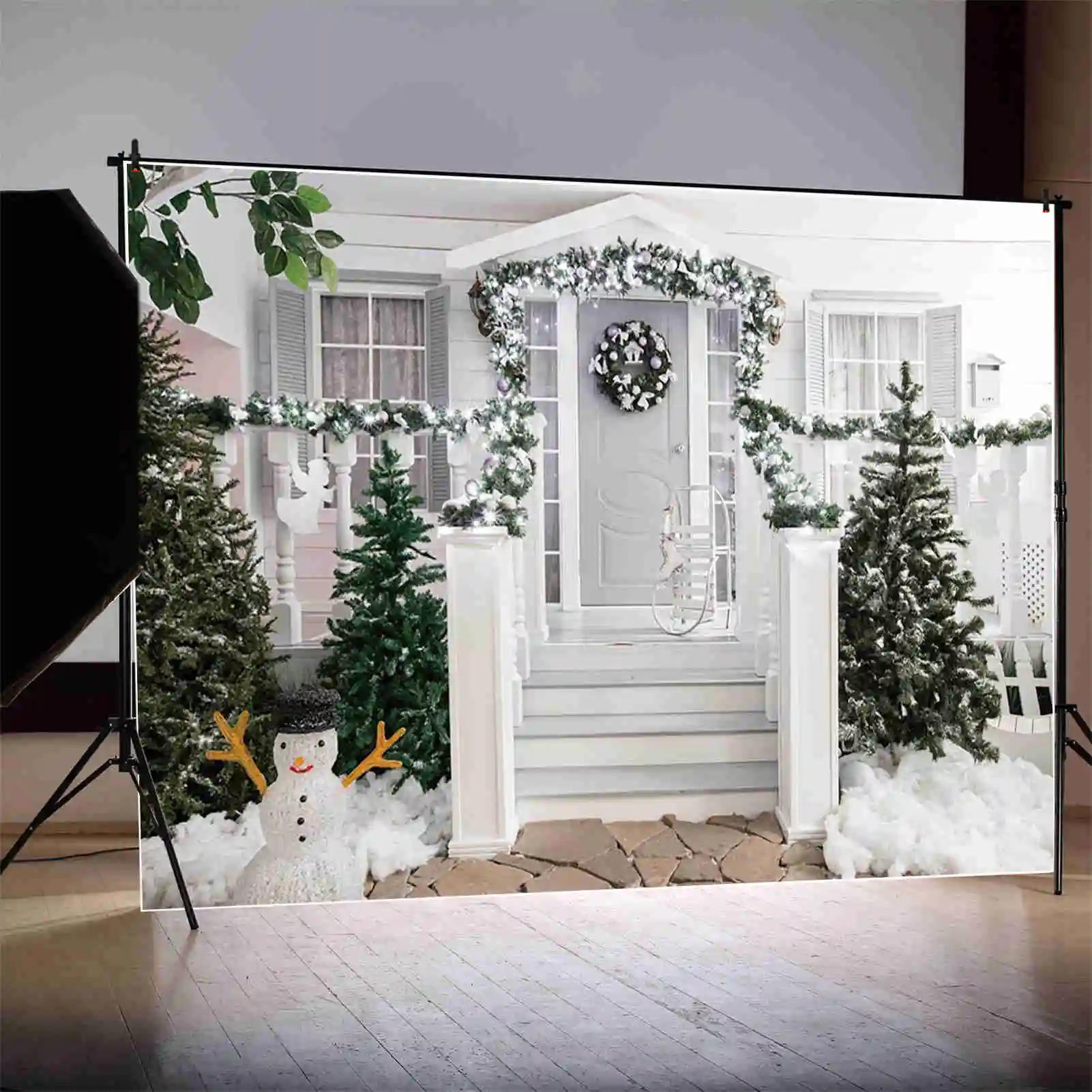 MOON.QG Christmas Backdrop Photography Door Wreach Xmas Trees Photozone Background Child Studio Photobooth Accessories