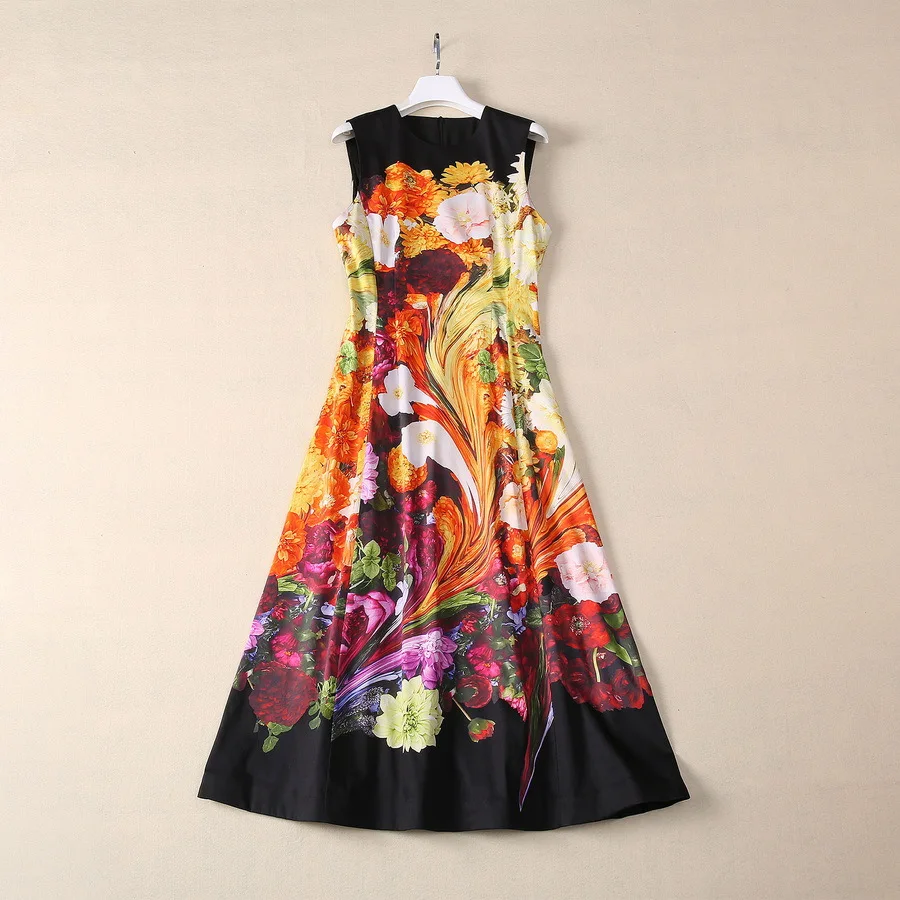 

European and American women's clothing new summer Round neck Sleeveless colorful flower print fashion Cotton dress