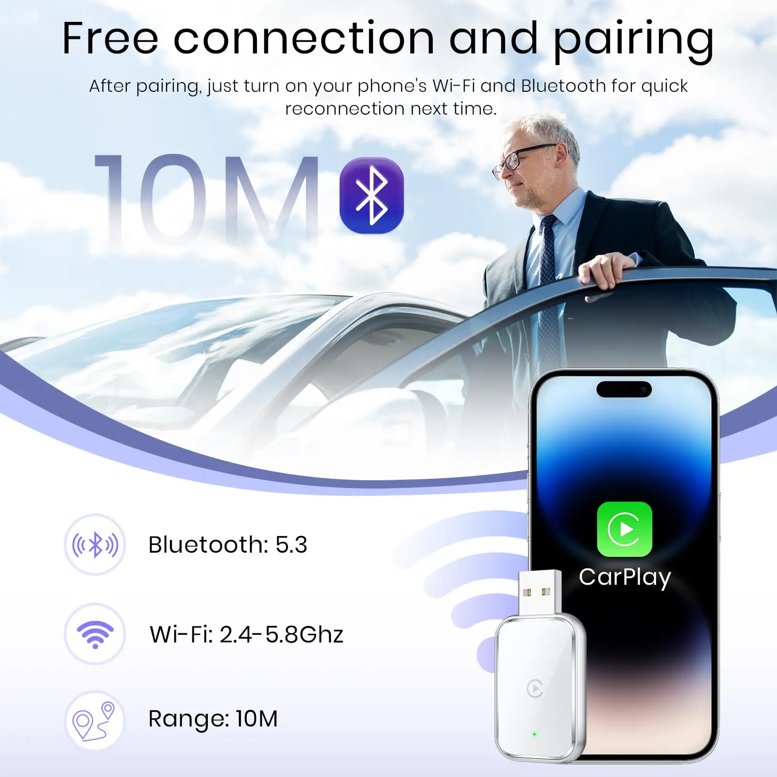 Adattatore CarPlay wireless per iPhone, converti in adattatore Apple CarPlay cablato in wireless, dimensioni mini con cavo di prolunga USB e USB-C