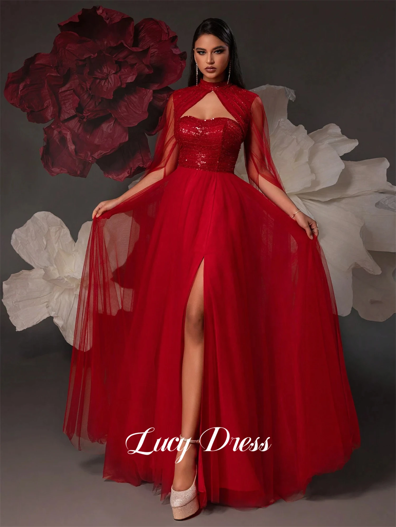 Lucy Ball Gown Line A Shiny Fabric Graduation Mesh Shawl Deep Red Party Dress Long Dresses With Sleeves Evening Customized