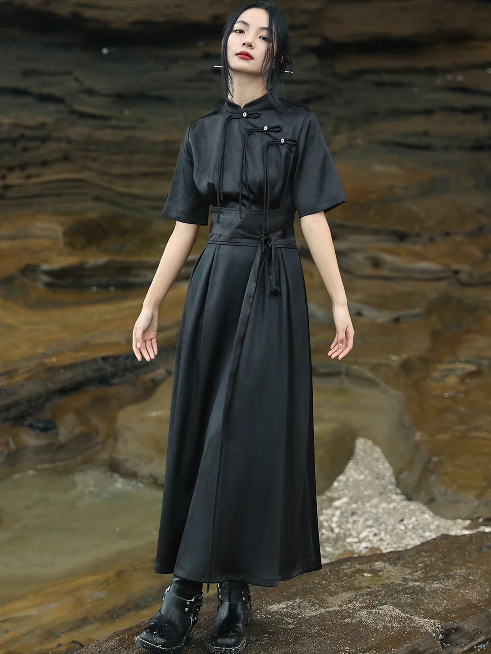 UMI MAO Gives Waist Cover! New Chinese Style Dress For Women Dark Cool With A Small Standing Collar Slanted Collar Long Dresses