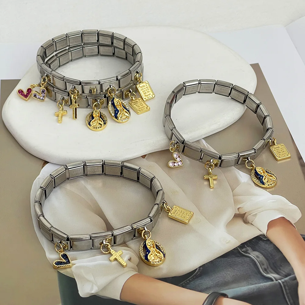2025 تصميم جديد الصليب الكتاب المقدس مريم العذراء القلب المعلقات الإيطالية سحر وحدات أساور للنساء الرجال الهدايا #2