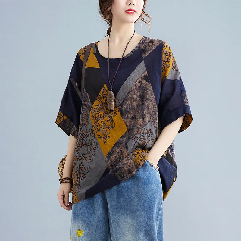 Cotton and Linen Large Size Lady Middle Age Summer Affordable Vintage Round Neck Casual Printing Loose Comfortable All-match Top