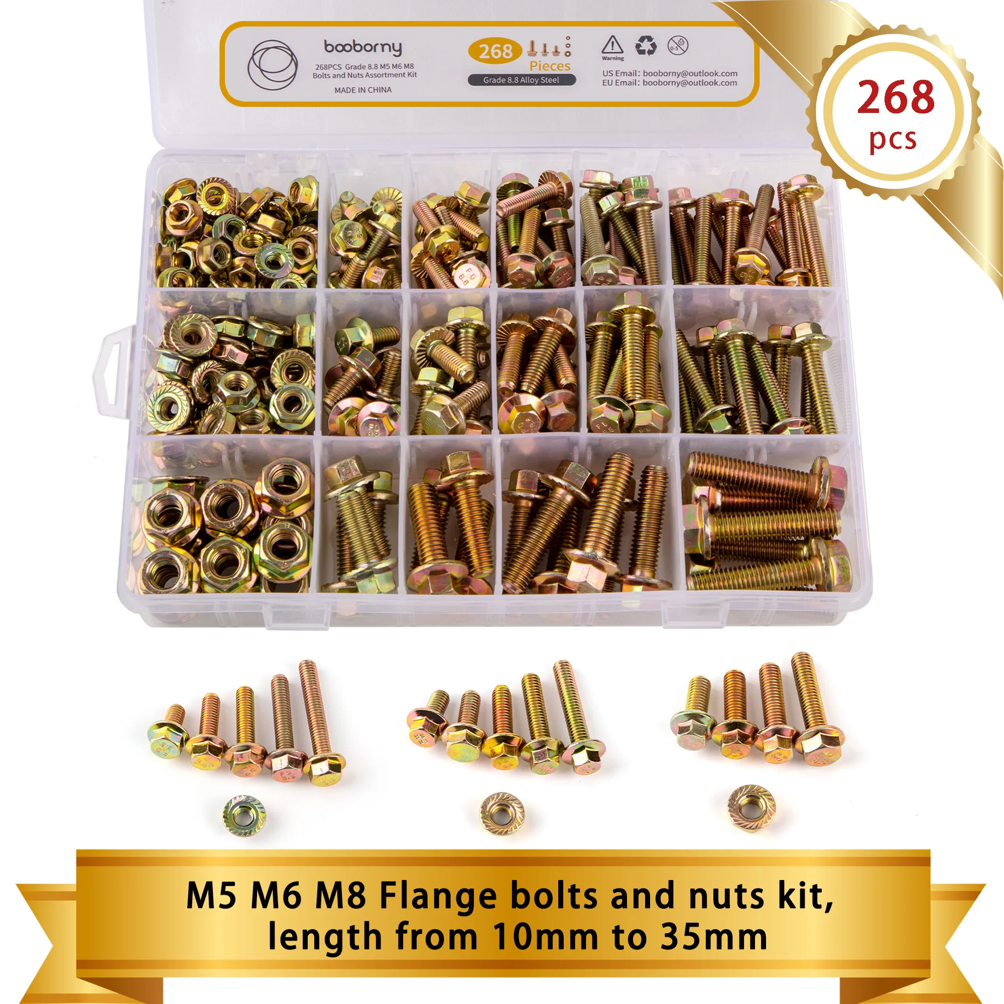 

Booborny 268Pcs Flange Metric Bolt Assortment – 8.8 Grade, M5, M6, M8 Heavy Duty Hex Bolts and Nuts Kit, Yellow Zinc Plati