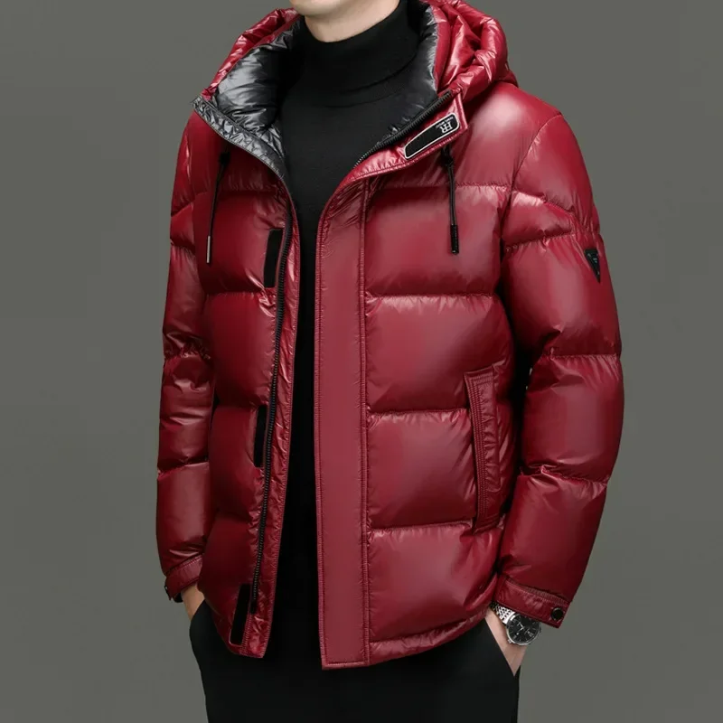 Winter Thickened Men's Down Jacket with Short Hooded Bright Surface for Warmth