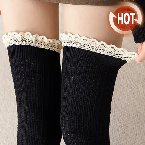 Calcetines de encaje japonés JK, medias de encaje de Lolita para mujer, patrón de punto para niñas, bonitos y elegantes calcetines de suelo más cálidos de Color sólido para invierno