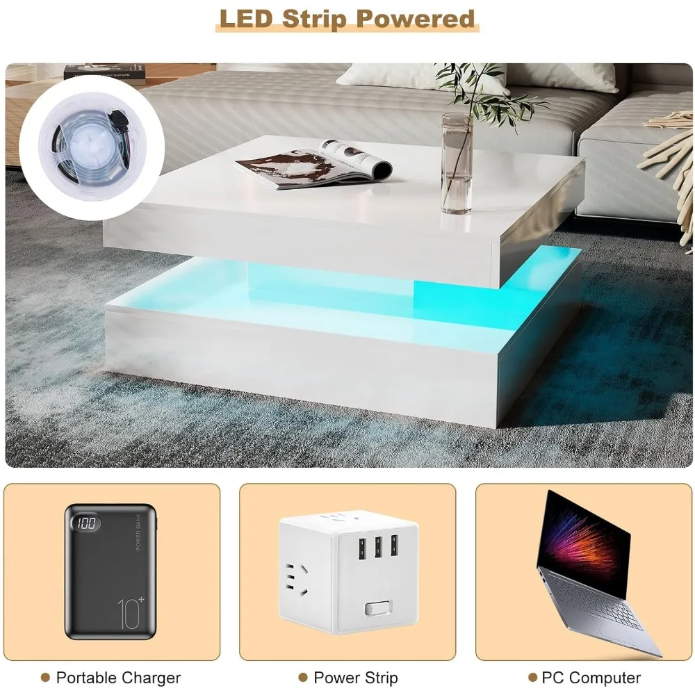 Modern Square 2-Tier Coffee Table with Storage, High Gloss Wooden Living Room Furniture Centerpiece