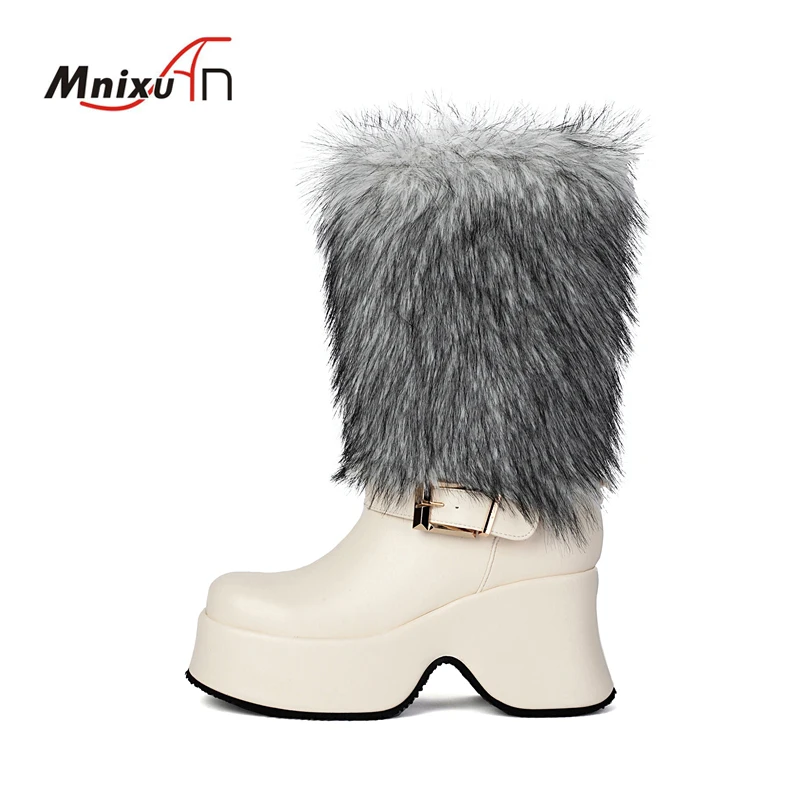 Botas de nieve de felpa cálidas de piel sintética para mujer, zapatos occidentales para clima frío, cuñas de plataforma, tacones altos, botas góticas rusas de lujo a media pantorrilla