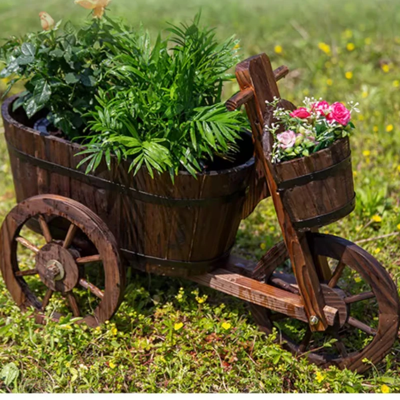 

Solid Wood Garden Tricycle Flower Stand, Carbonized Multi-Tier Planter Rack, Decorative Patio Shelf, Creative Yard Display