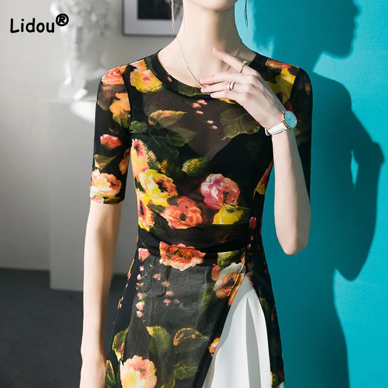 

Vintage Round Neck Slim Fashion Floral Printed T-shirt for Female Summer Korean Sexy Mesh Spliced Split Tops Women's Clothing