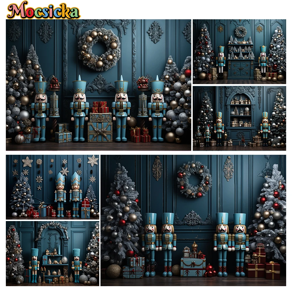 

Mocsicka Winter Christmas Photography Background Green Theme Toy Soldiers Xmas Tree Holiday Party Family Photo Backdrops Studio