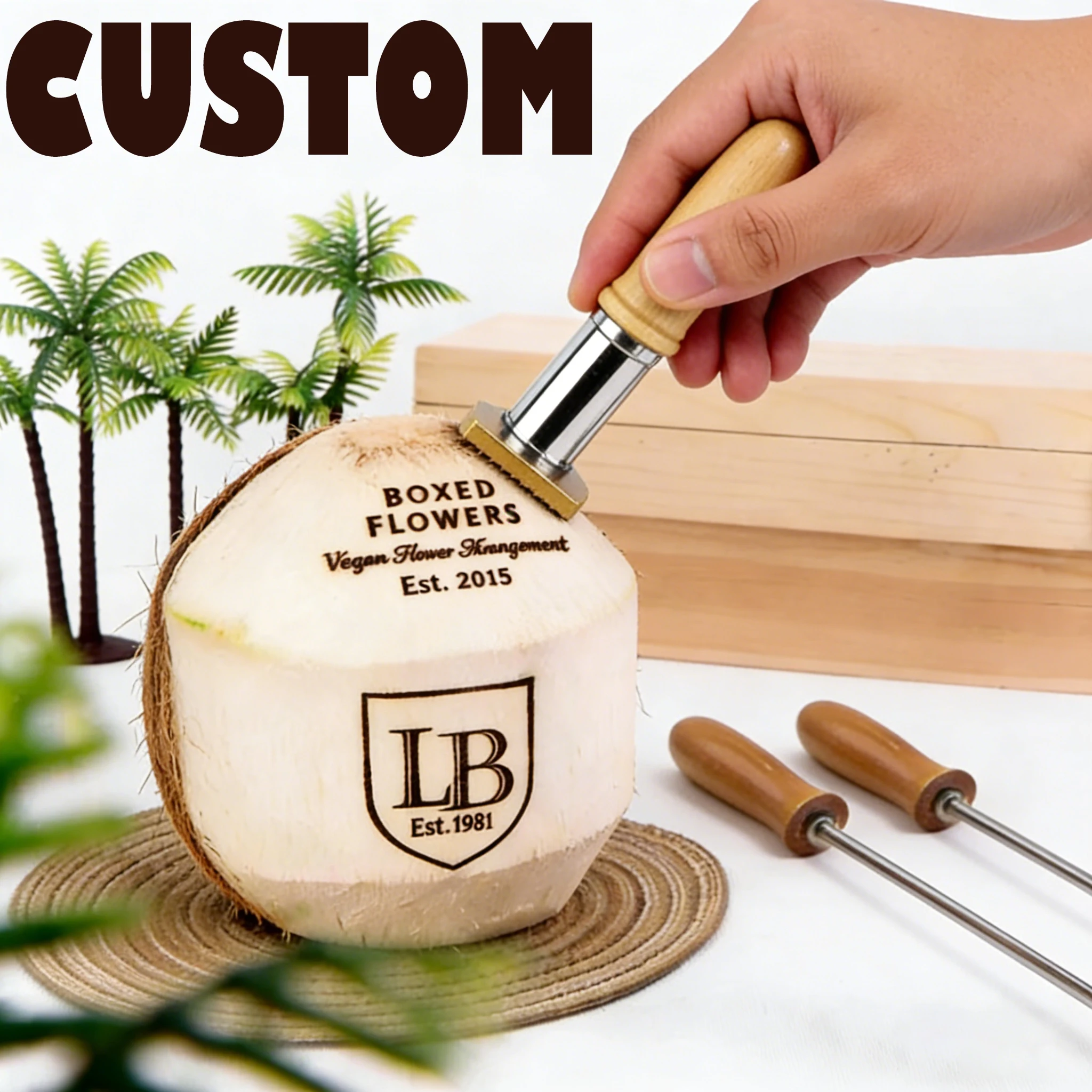Custom Branding Coconut Stamps for Burger Personalized Logo Branding Iron with Handle Burning Brass Stamp for Steak/Cake/BBQ