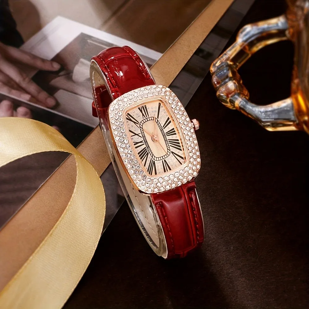 Kegllect 6 шт. женские часы винтажные кварцевые часы с указателем Tonneau роскошные аналоговые наручные часы со стразами и комплект ювелирных изделий