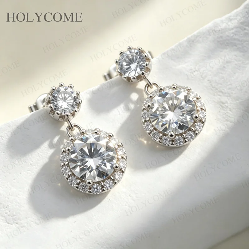 925 Sterling Silber Moissanit Halo Tropfen-Ohrringe Runder Brillantschliff Hängeohrringe für Damen Brautschmuck – Detail 11
