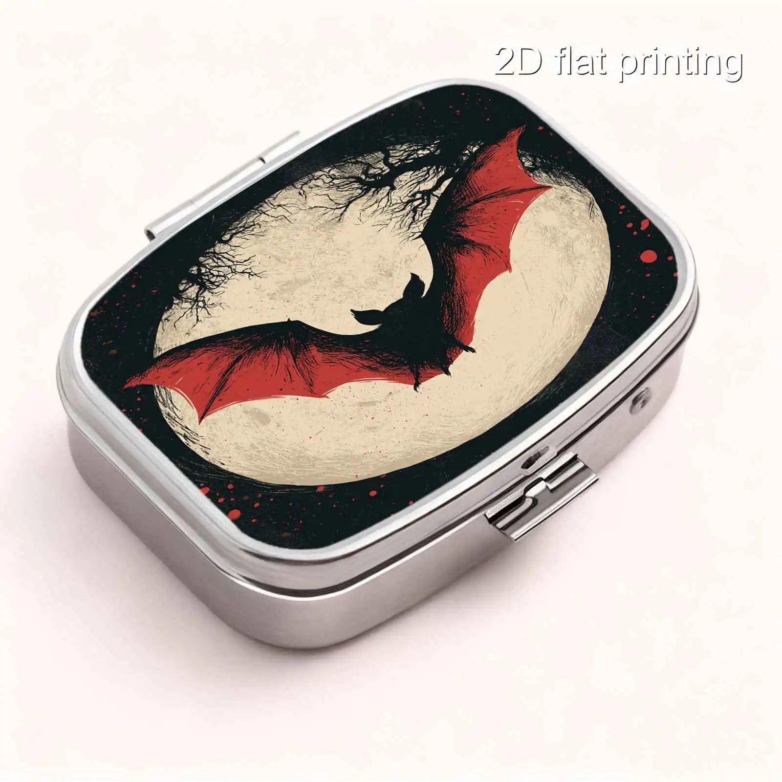 1Pc Flat Printing Pill Box, Portable Metal Material, Black and White Gradient Bat, Full Moon, and Square Patterns, Minimalist Mysterious Matte Oil Painting Style Design, Mini Pill Box, Compact Creative Small Accessory Box, Convenient and Practical for Storing Regular Medication, Gift, Travel, Portable, and Easy to Carry