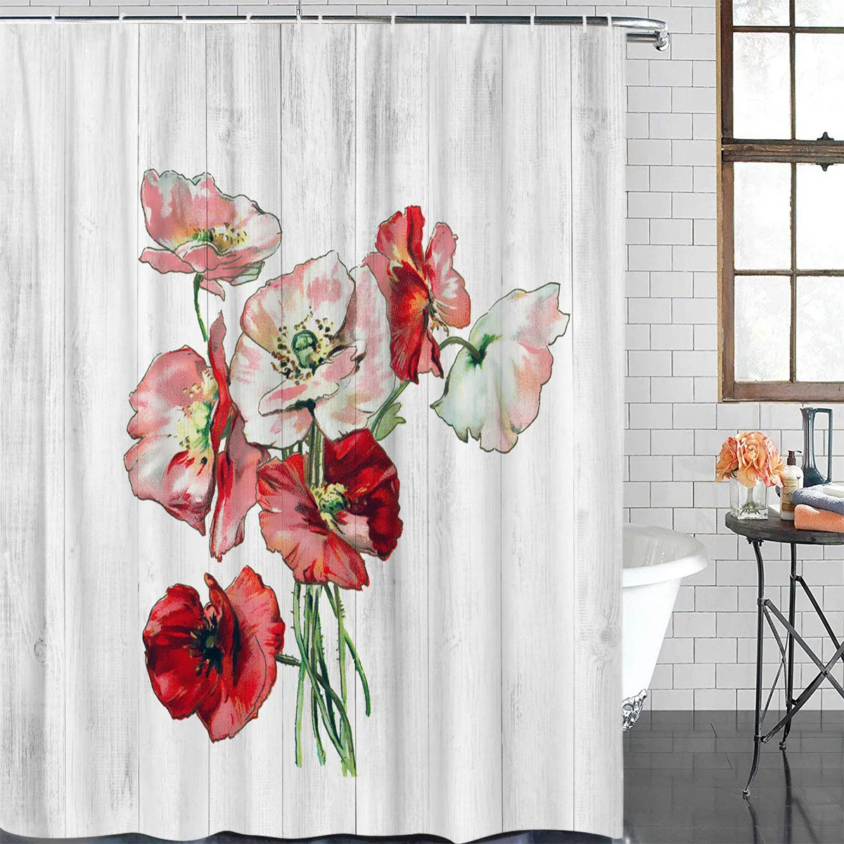 Poppy Flower Gouache Wood Grain Waterproof Bathroom Decoration Shower Curtain Printed Bathtub Curtains Bathroom Accessories