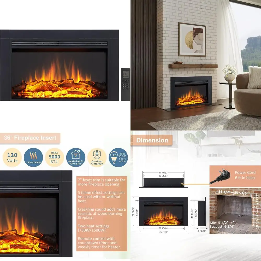 LegendFlame Jaden 36 Inserto para chimenea eléctrica, 22 de alto, con ribete frontal, sonido craquelado de fuego, calentador de 750 W/1500 W, control remoto