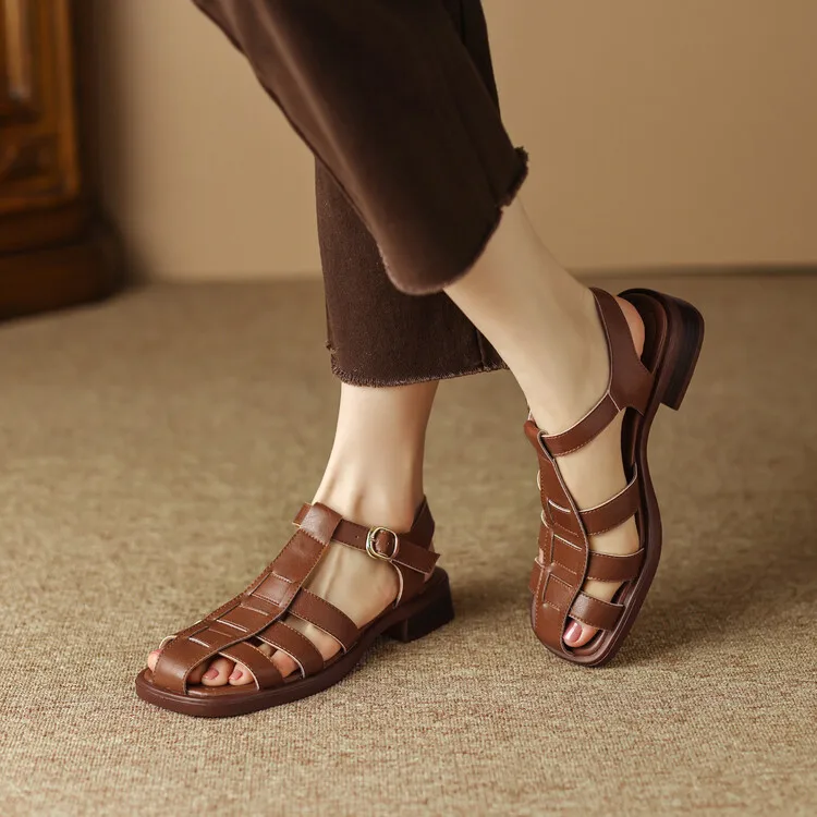 

Handmade Genuine Leather Classic retro roman woman sandals 3cm low heels elegant Heeled Sandals sandalias de mujer