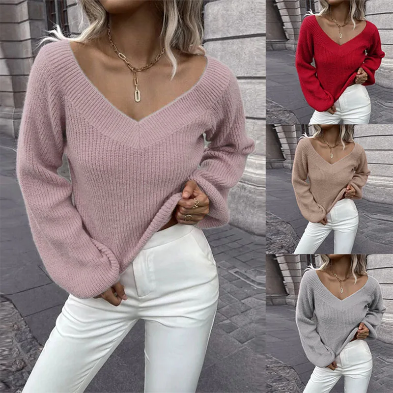 2023 European and American long sleeve pullover sweater women\'s autumn and winter new solid color versatile V-neck loose knitted