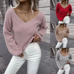 2023 European and American long sleeve pullover sweater women's autumn and winter new solid color versatile V-neck loose knitted