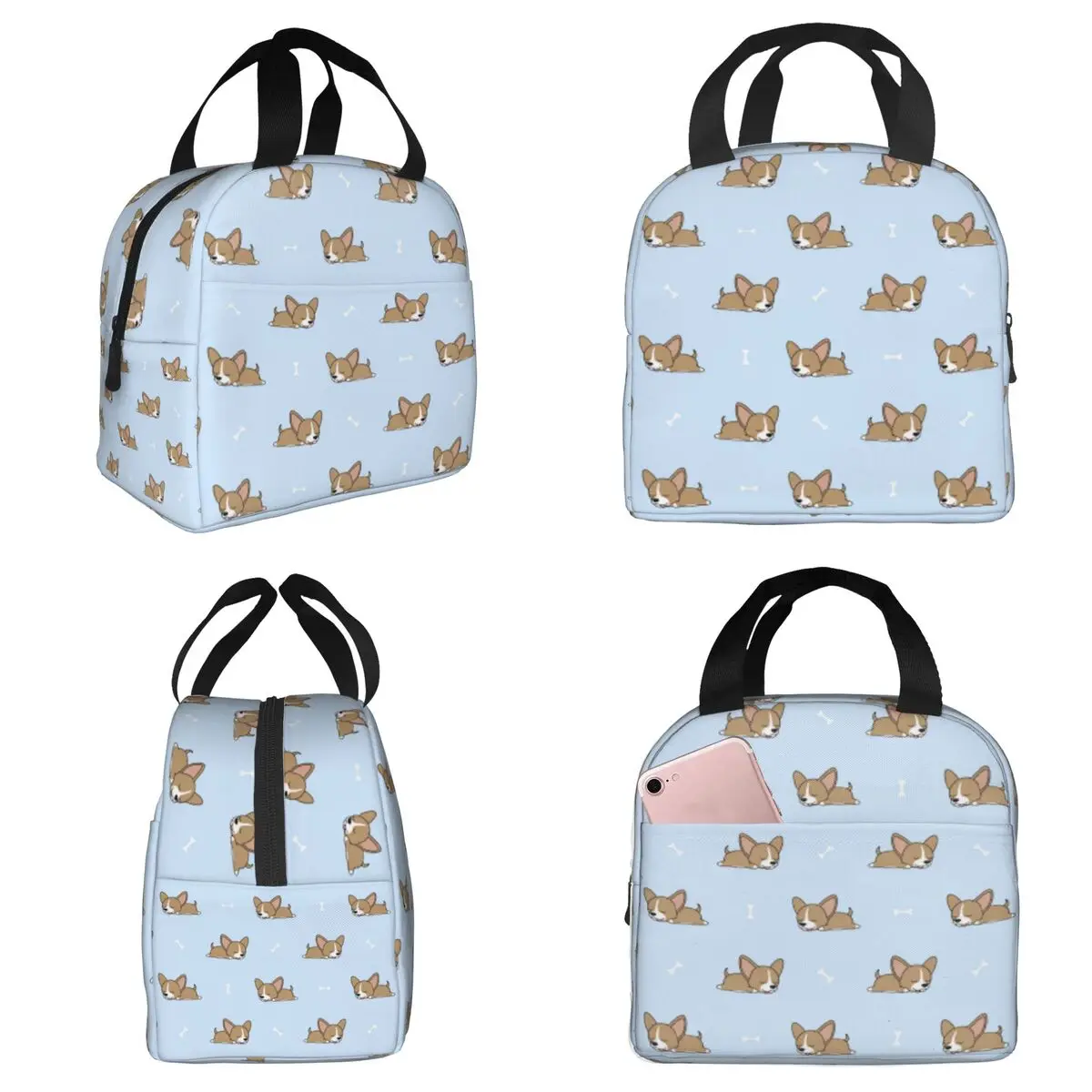 Corgi Puppy Lie Down In Blue Background Insulated Lunch Bag for Kids Cooler Thermal Food Box Tote Portable Lunch Boxes Container