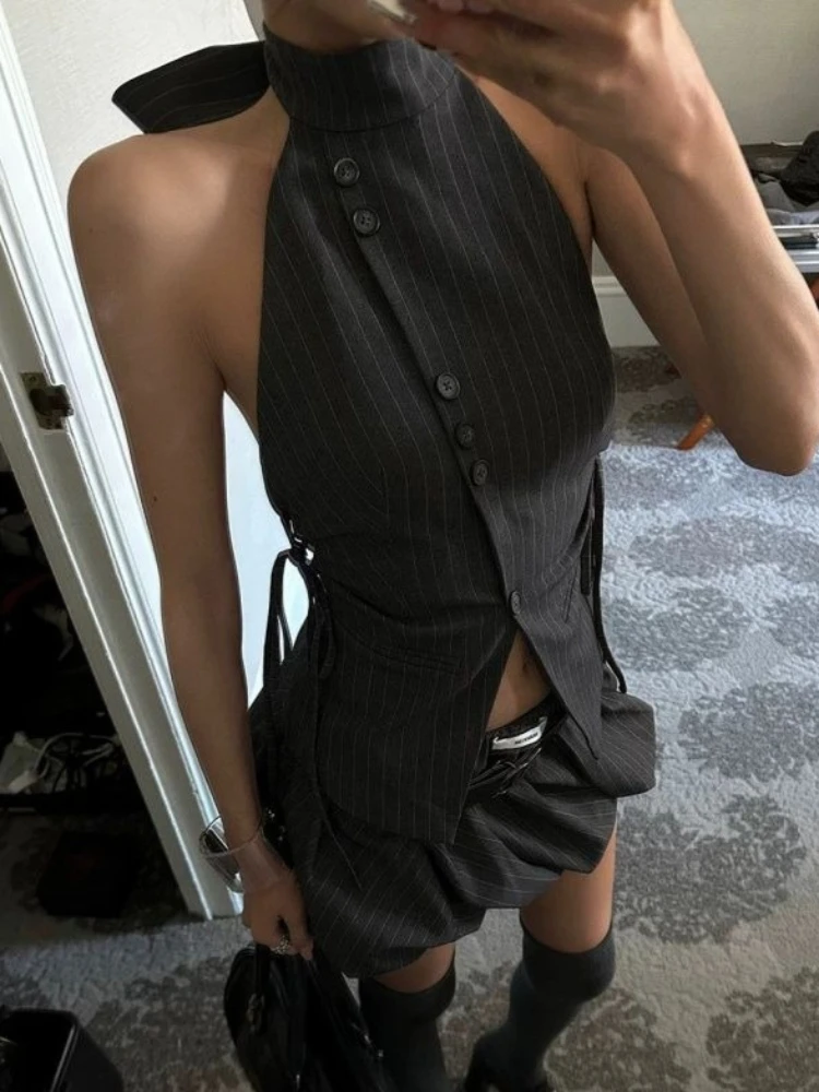 Y2K Sexy Dark Grey Chic 2 Pieces Sets Women Halter Neck Button Side Tie Tops + Mini Skirt Harajuku Streetwear Clubwear Outfits