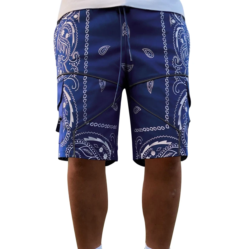 Trendy Cashew Flower Pattern Cargo Shorts, Men\'s Multi Flap Pockets Shorts, Loose Casual Outdoor Shorts Streetwear Hip hop pants