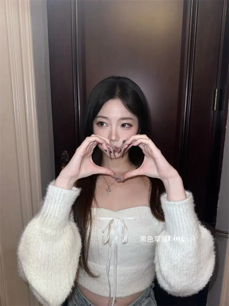 

Y2K Aesthetic Two Piece Set Ribbed Knit Sleeveless Camisole Lantern Sleeve Cardigan Women's Detachable Sash Layered Outfits