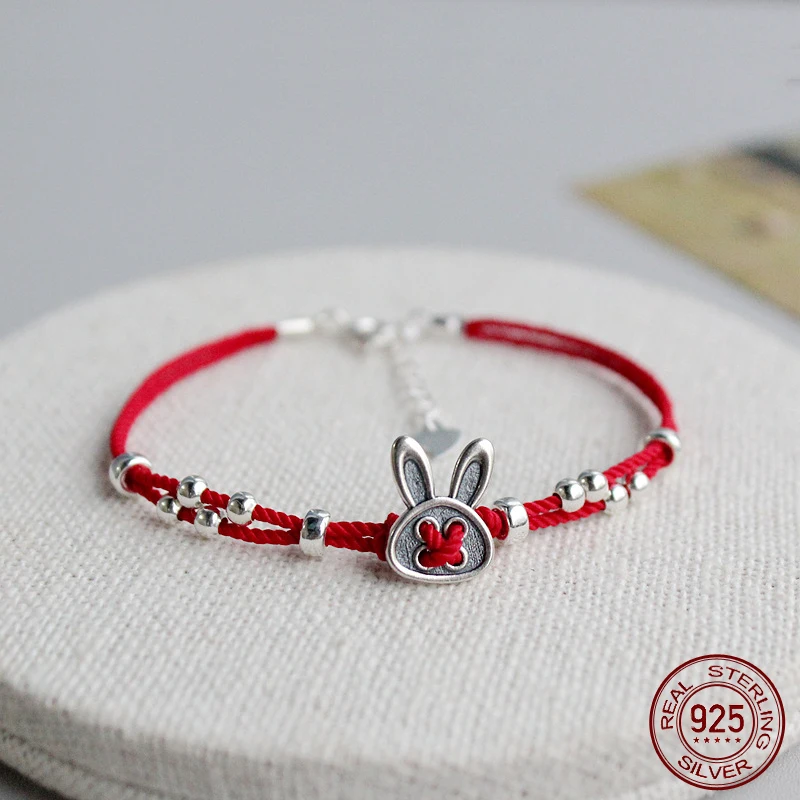 La Monada 16+2cm 925 Rabbit 925 Sterling Silver Circle Red Rope Bracelets Thread Line String Bracelets For Women Girls Lucky