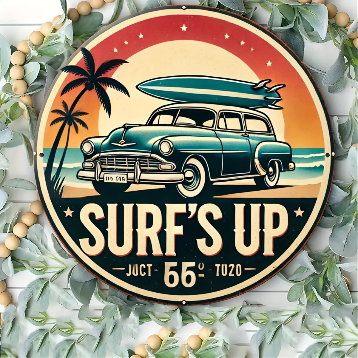 Vintage Surf's Up Rundes Metallschild – Retro-Stranddekoration aus Aluminium für Zuhause, Bar, Café, Garage – saisonale Wandkunst für Weihnachten, H