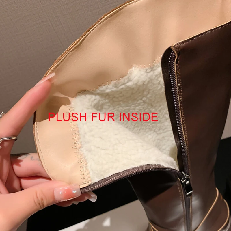 JOZHAMTA Size 34-42 Plush Fur Buckle Women Knee-High Boots Winter Genuine Leather Shoes Woman Retro Zip Lady Western High Boots