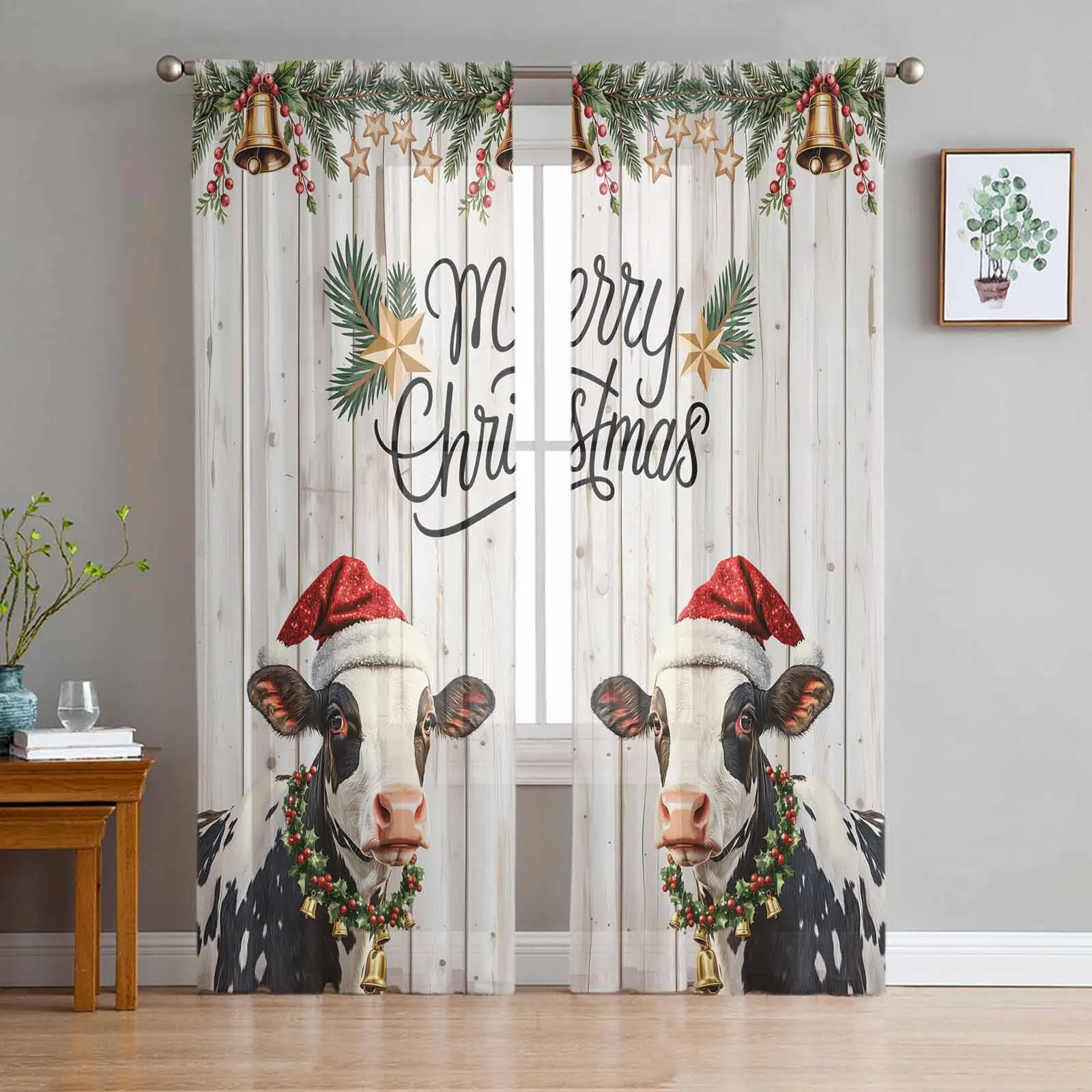 

Christmas Animal Bell Stars Sheer Tulle Window Curtains for Living Room Bedroom Kitchen Treatments Panel Drapes