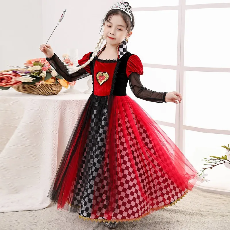 Kids Ravishing Queen of Hearts Costume Girls Alice In Wonderland Cosplay Dress