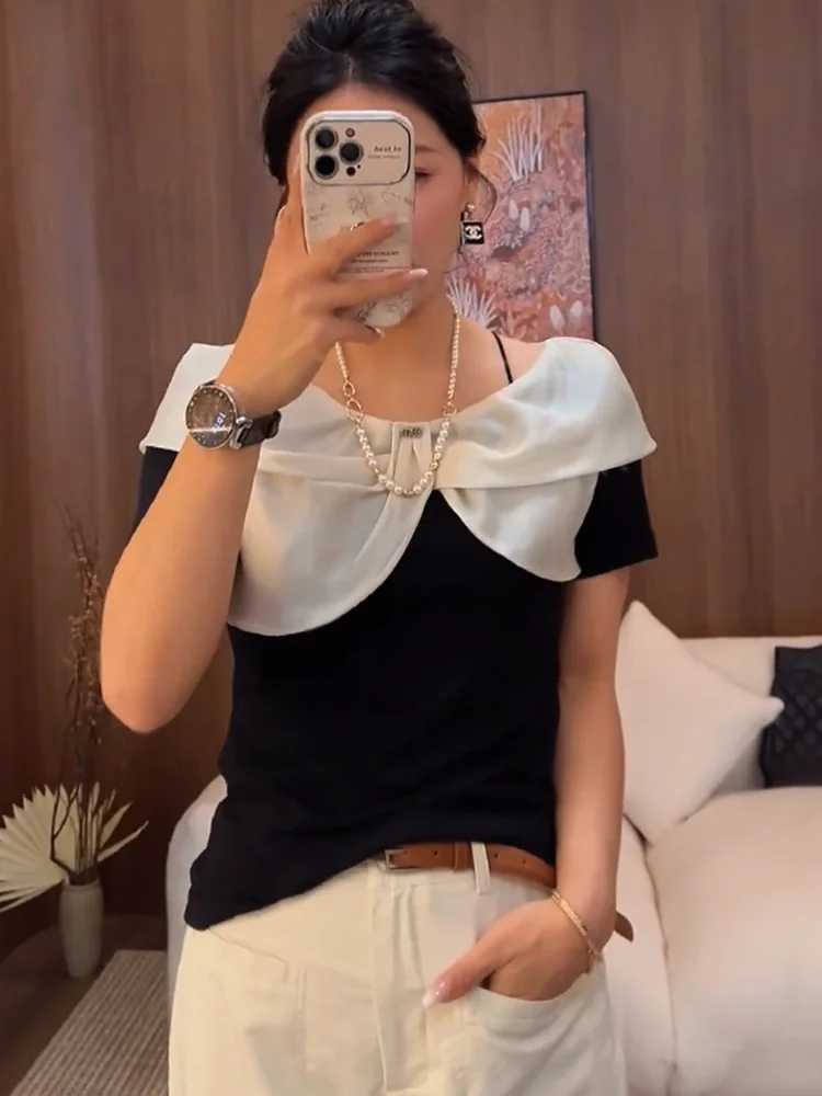 

Летний топ Slimming Chic Bla Splice T-irt в корейском стиле, новый, свободного кроя, простой дизайн, омолаживающий, для всех типов фигуры