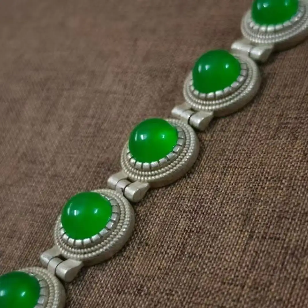 silver jewelry roasted blue inlaid ruby jadeite bracelet ethnic style men's and women's Tibetan silver bracelet jewelry