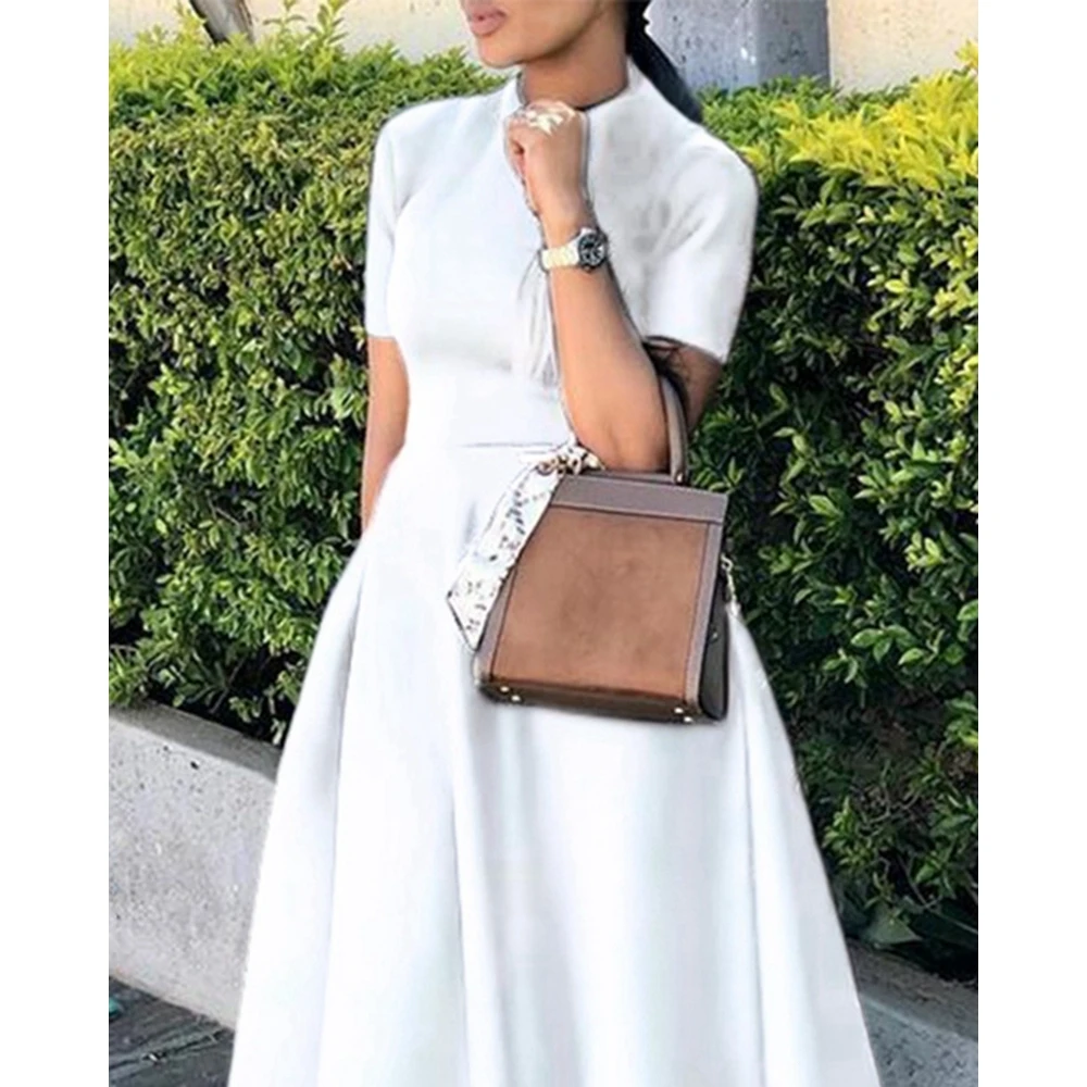 Elegant Dresses for Women Summer Short Sleeve Robe Longue Femme Office O-Neck Midi Dress A-Line White Dress Women Evening Outfit